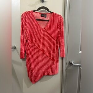 Chico’s Travelers Tunic 3/4 Sleeve Striped 1 V Neck Asymmetrical Pink Coral